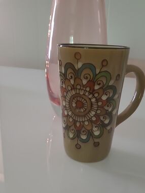 Floral Mandala Stoneware Mug in Beige, Orange, Green, Blue